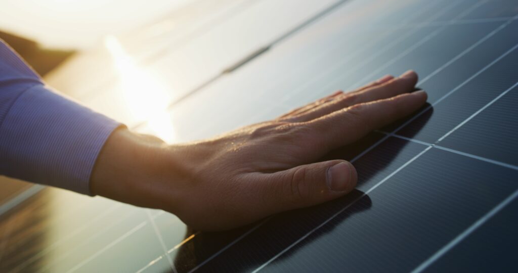 The best solar panel installers Essex can offer with their hand on solar panel with the sun in the background