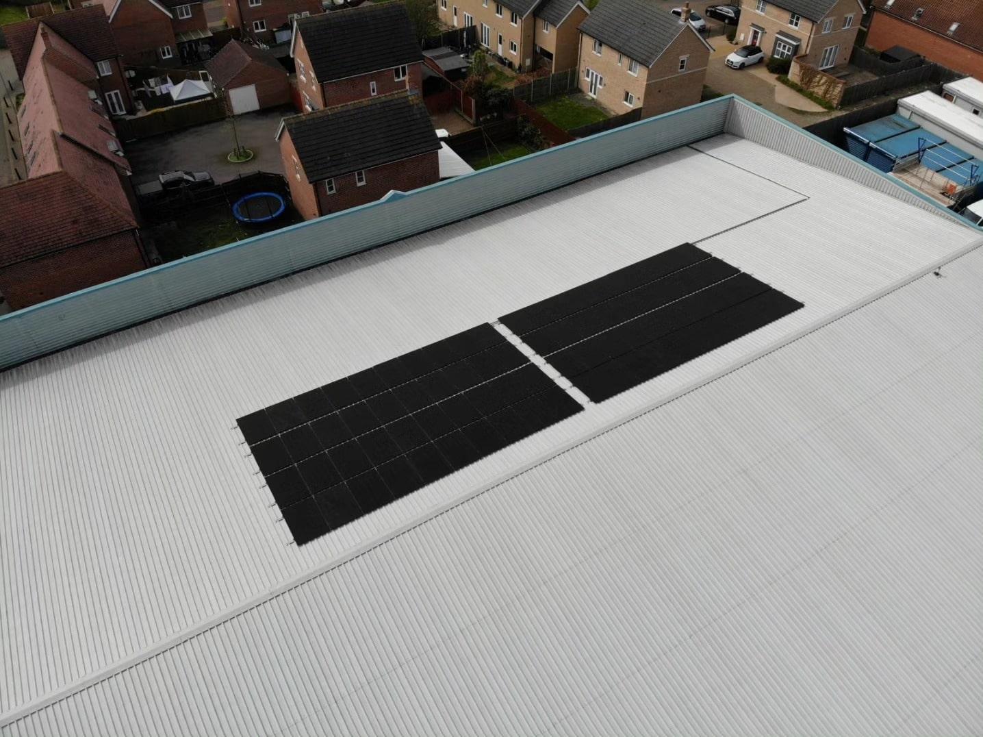 Aerial view of Hills Self Storage solar installation completed by solar panel installer Colchester, Orton & Wenlock